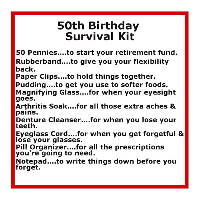 Humorous birthday survival kit! Mark a milestone birthday with these 50th birthday gift ideas