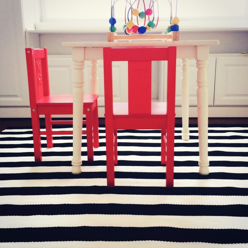 black and white stripe rug playroom